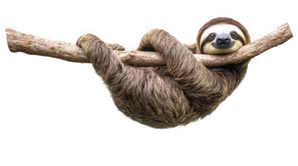 Cute Sloth Hanging on Tree Branch Isolated on White Background