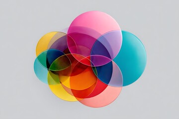 A creative representation of intersectionality, using overlapping circles in multiple transparent colors, visually illustrating the complexity of societal structures.