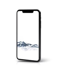 Black smartphone displays mountain landscape wallpaper, isolated on white background