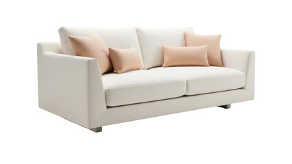 Isolated two-seater sofa with cushions, modern couch in fabric, comfortable living room furniture