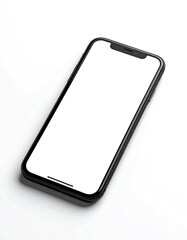 Angled shot of a black smartphone with a blank, bright white screen