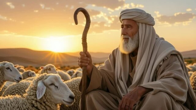 An elderly biblical shepherd with a staff watching over his flock of sheep. A wise prophet in a desert landscape at sunrise. Faith and christianity concept