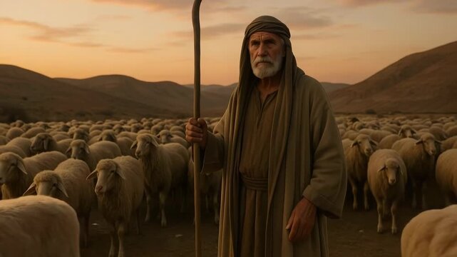 An elderly biblical shepherd with a staff stands among his large flock of sheep. A wise leader in a desert landscape at sunset. Ancient faith and history concept