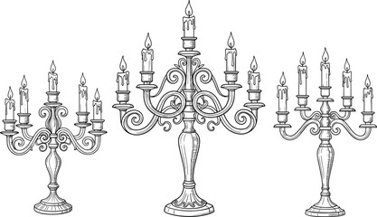 Wax candles, Burning flame, Table centerpiece, Ornate design, Old fashioned, Decorative item, Classic style, Vector illustration, Drawing art, Black white, Metal stand, Historical object, Chandelier, 