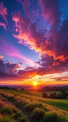 Sunset paints vibrant clouds, field with wildflowers, horizon, stunning sky