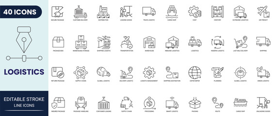 Logistics line icon set. Includes Shipping, delivery, distribution, cargo, supply chain, freight, export, import, and more. Editable stroke. Vector illustration. © Gretta