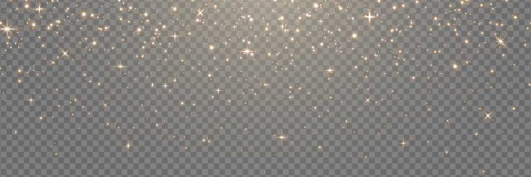 Gold glitter light banner. Magic dust background. Star particle bg. Christmas Holiday golden confetti. Fairy bulb. Glow shine bokeh. Winter Celebration frame. Luxury party. Vector illustration