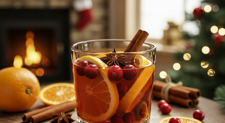 Cozy holiday scene with mulled wine by the fireplace.