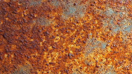 Close-up of heavily rusted metal surface, showcasing shades of brown and orange with hints of blue. Textured and weathered