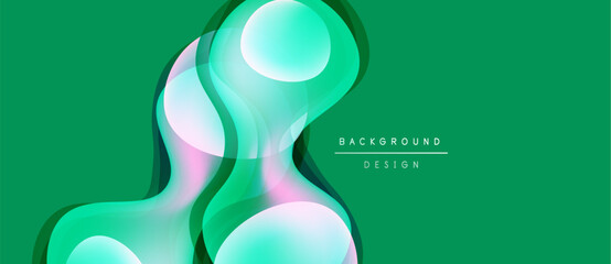 Abstract fluid shapes overlap, creating vibrant green background. Modern design elements suggest movement, depth, texture.