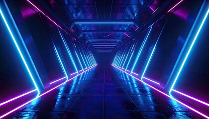 Futuristic, neon-lit hallway with triangular accents. Reflective surface leads into the distance
