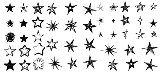 Star and flash doodle scribble icons set featuring hand drawn lightning bolts and stars in playful sketch style. Simple outline symbols ideal for stickers, social media, posters, kids designs, 