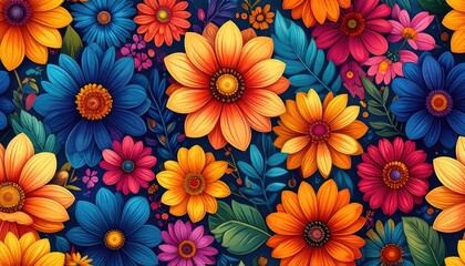 Vivid floral pattern with bright flowers, leaves on navy background