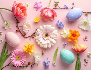 Easter arrangement eggs & colorful spring flowers on pastel pink background