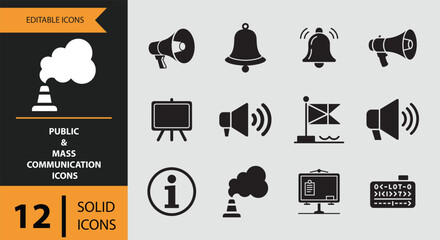 Essential public and mass communication icons: announcements, alerts, and information