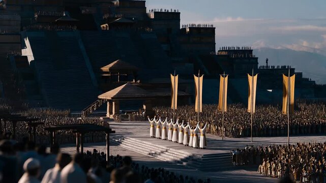 A panoramic reconstruction of an Aztec ceremonial gathering in Tenochtitlán, thousands lining the plaza as priests ascend the main pyramid under brilliant banners &mdash; historical visualization