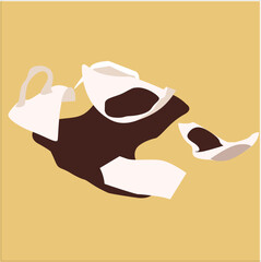 broken glass, broken mug, coffee in a broken glass
