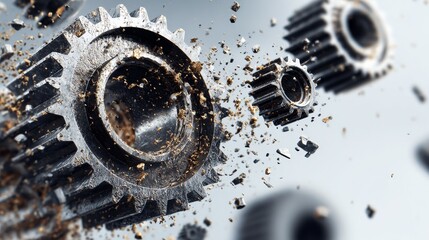 Close-up of multiple metallic gears breaking apart, with flying debris and a blurred background