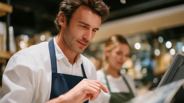 A retail store supervisor restocking shelves alongside employees, scanning barcodes with a handheld device while mentoring new staff &mdash; hands-on leadership, customer-focused retail operations, and