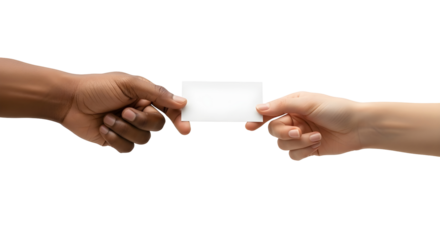 Two hands exchanging a card isolated on transparent background