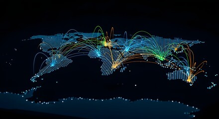 Digital world map with glowing lines illustrating global network connections and data flow.