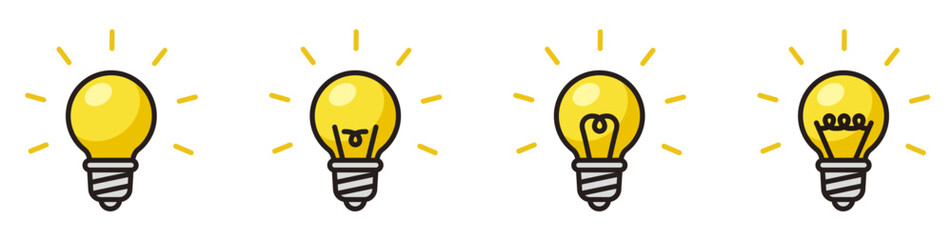 光っているランプのアイコンセット。発見やアイディアを表す電球のデザイン。Glowing lamp icon.