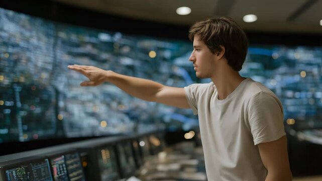 A systems engineer standing in front of a massive control wall filled with live data streams, adjusting parameters as glowing dashboards update in real time &mdash; precision oversight, high-tech