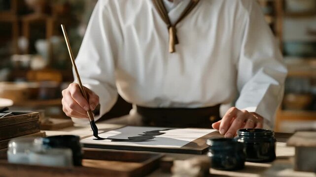 A traditional calligrapher practicing ink strokes on rice paper, black ink pooling with graceful precision beside antique writing tools &mdash; cultural artistry, ancient handwriting tradition, and fine
