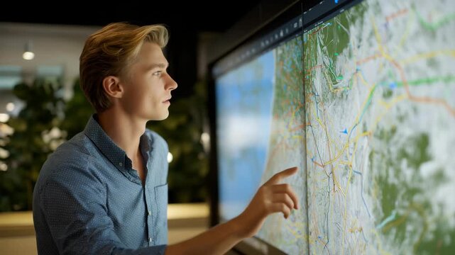 A transportation planner analyzing multi-modal transit flows on a large wall display filled with animated routes for buses, bicycles, trams, and pedestrian networks &mdash; future mobility planning,