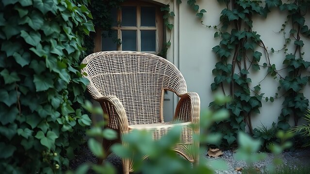 oligarchy. Wicker armchair nestled in a garden surrounded by ivy vines and soft natural light. real-estate listings.