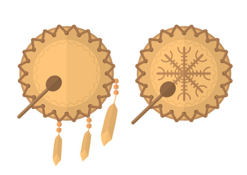 Shaman's Drum. Native American and Nordic Instrument. Flat Vector Illustration on White Background