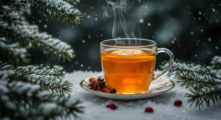 cup of tea with christmas decorations