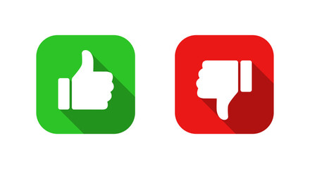 Thumbs up and down icon with long shadow. Like and dislike gesture symbol in square