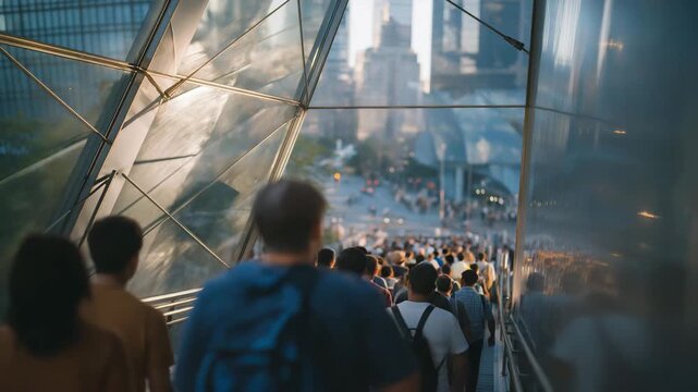 Pedestrians stuck in a gridlocked skywalk between two skyscrapers during rush hour, sunlight refracting through glass panels onto the moving crowd &mdash; elevated commuting, architectural tension, and
