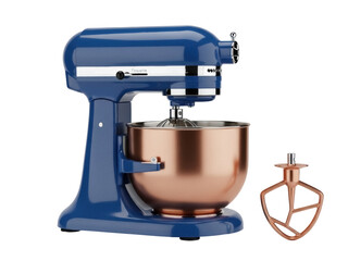 Isolated blue stand mixer with copper bowl and beater, kitchen appliance for baking needs