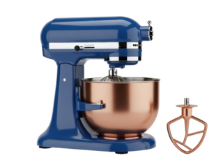 Isolated blue stand mixer with copper bowl and beater, kitchen appliance for baking needs