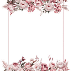 Watercolor frame of dark pink flowers