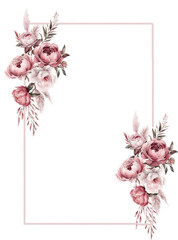 Watercolor frame of dark pink flowers