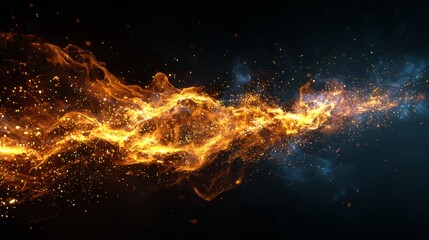 A fiery stream of light and particles moves across a dark background, transitioning from bright gold to blue