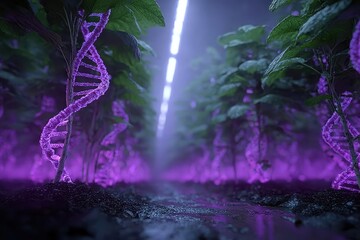 Indoor farm scene with glowing purple DNA vines under neon lights in a futuristic greenhouse