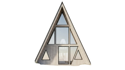 Isolated modern triangular A-frame house, a minimalist cabin with geometric design and architecture