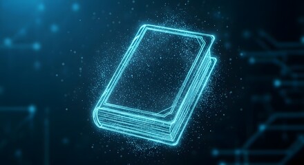 A glowing blue digital book icon with particles on a dark, tech-inspired background, representing e-learning and digital knowledge.