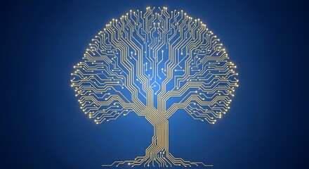 A digital circuit board tree glowing against a blue background, symbolizing technology and growth.