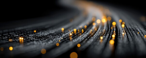 Digital wire with flowing binary code and glowing orange lights creating a futuristic data stream
