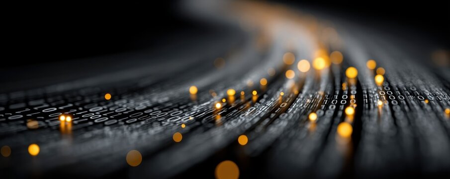 Digital wire with flowing binary code and glowing orange lights creating a futuristic data stream - Powered by Adobe
