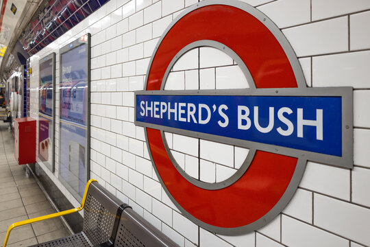 Shepherd's Bush Underground Station Sign and Roundel. London, UK, 31 December 2023