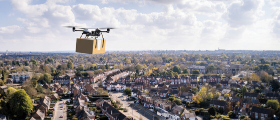 Drone delivering package over suburban neighborhood
