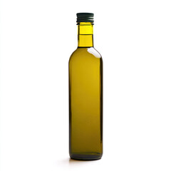Glass bottle of olive oil on white background