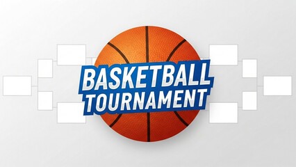 Orange basketball with blue text overlaying tournament bracket diagram sport game