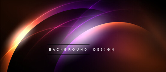 Abstract design features curved lines, vibrant colors. Gradient blends purple, orange, red against black backdrop. Modern aesthetic.